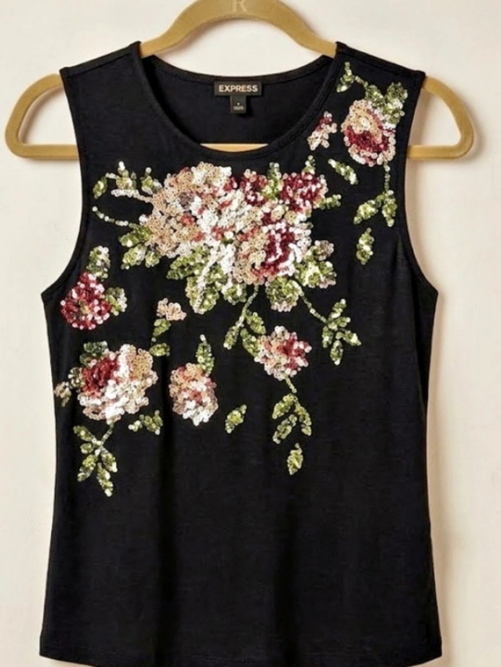 VTG 90's Express Floral Sequin Embellished Tank Top in Black (Sz S) Boho Fall